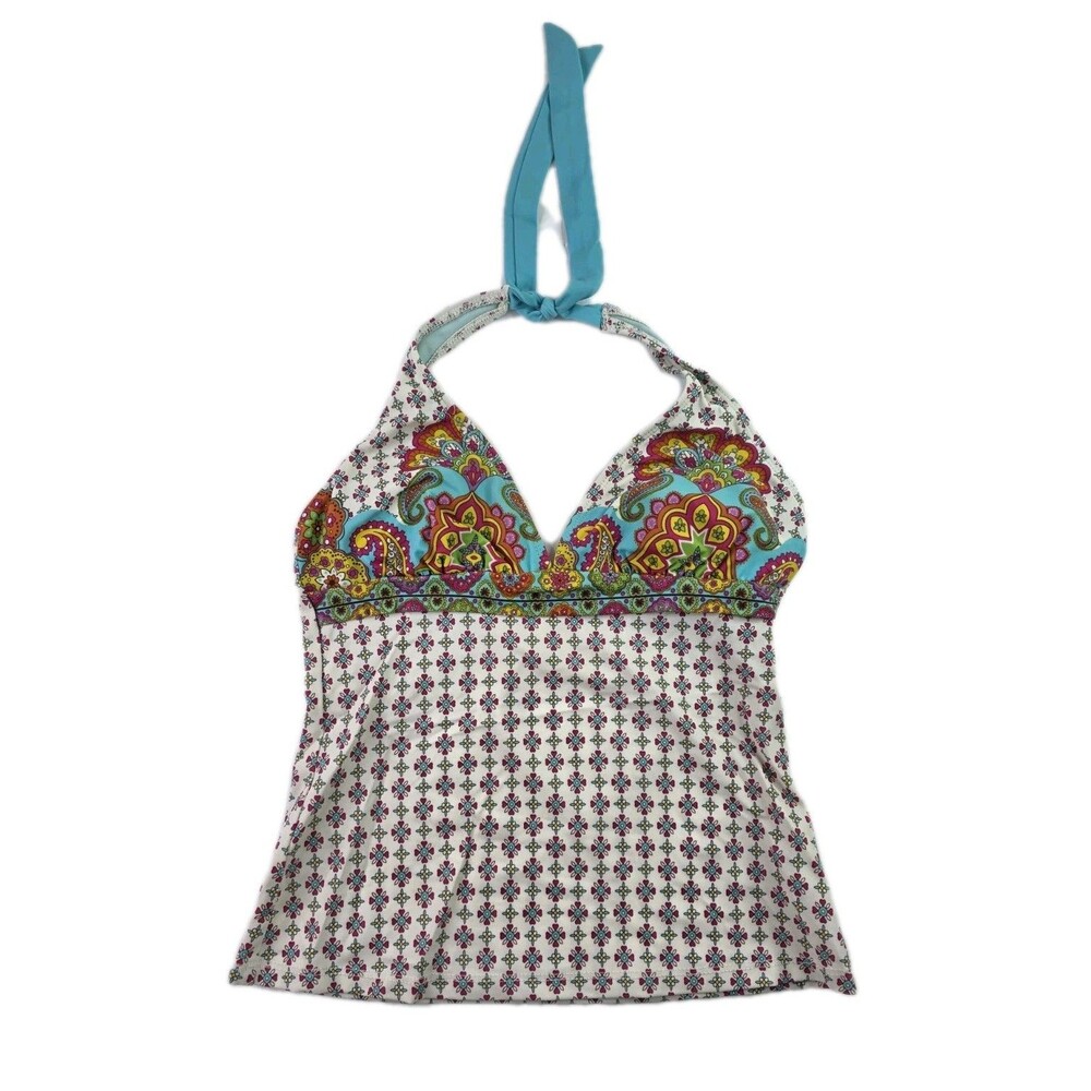 ATHLETA Sayulita Halter Swimsuit Tankini Top Paisley White Turquoise Sz S